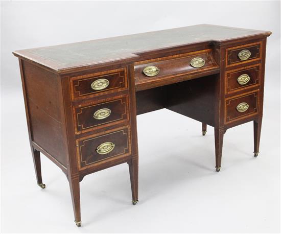 An Edwardian satinwood banded mahogany kneehole desk, W.4ft 3in. D.1ft 10in. H.2ft 7in.